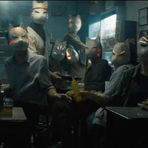 The film is set in a fictional city where the residents wear futuristic cat masks.