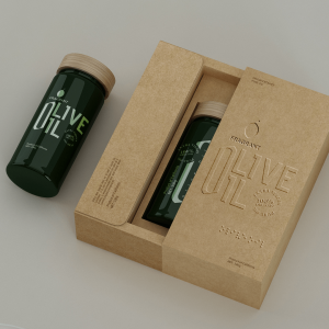 The box uses kraft paper, the brand name is printed through embossing and with Braille. The olive oil is placed in a green glass bottle.