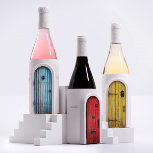 Each of the three white bottles have an openable door, and the doors are blue, red and yellow.