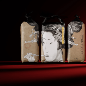 Illustrations of Kabuki performers are printed on flour packaging